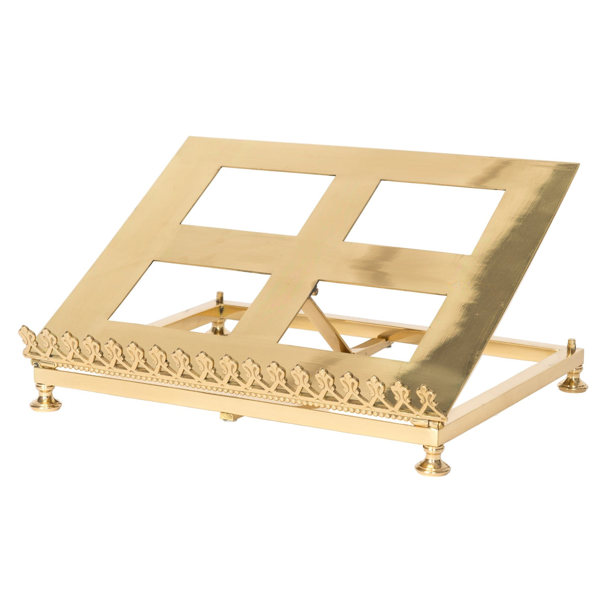 Gold-tone folding missal stand with open-frame book rest and pierced decorative border