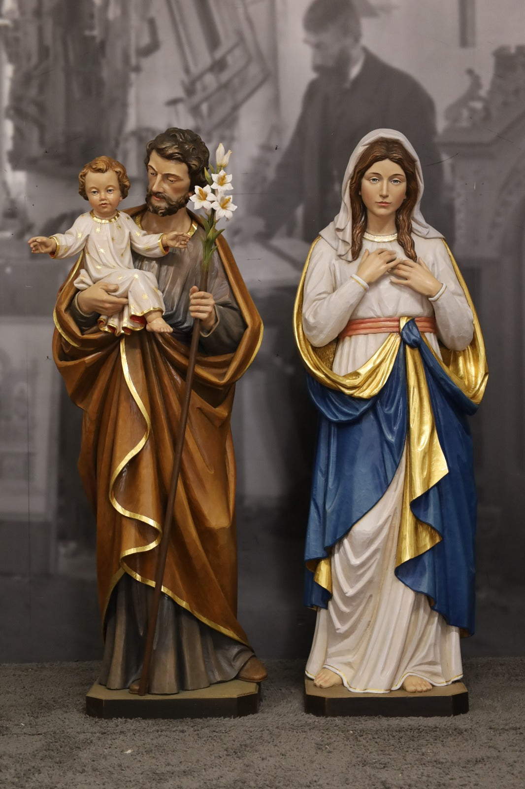 Wood Carved Statues of Mary and St. Joseph with Child