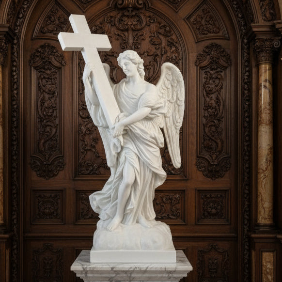 Large Marble Statue of an Angel Holding a Cross