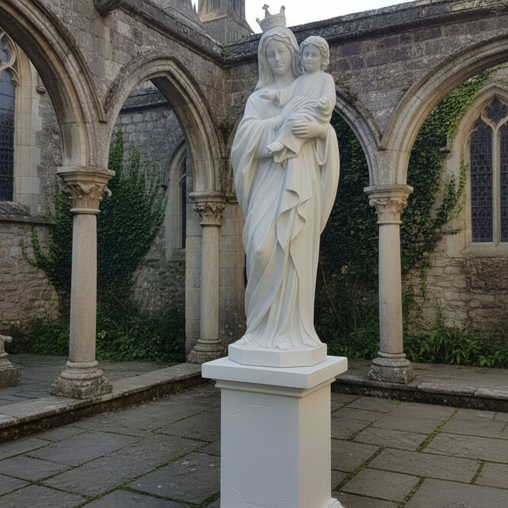 Large Marble Statue on Pedestal of Mary Our Queen