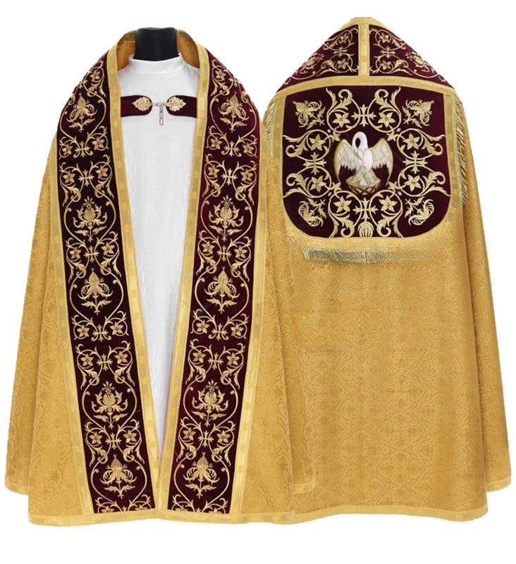 Gold Roman cope with red velvet orphreys and embroidered pelican hood, front and back