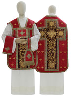 Red moire Roman chasuble with dove and gold motifs, red