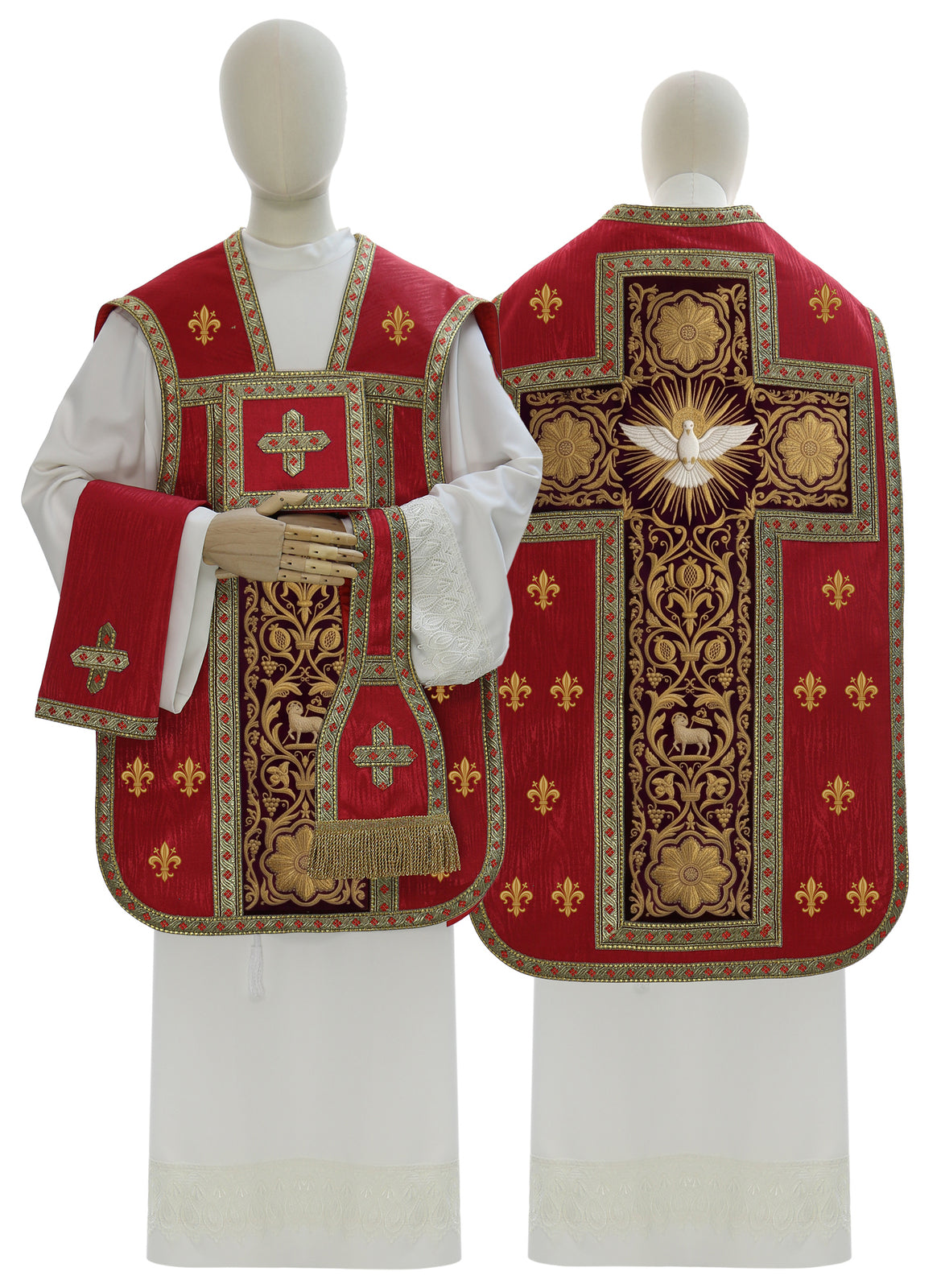 Red moire Roman chasuble with Holy Spirit dove, red