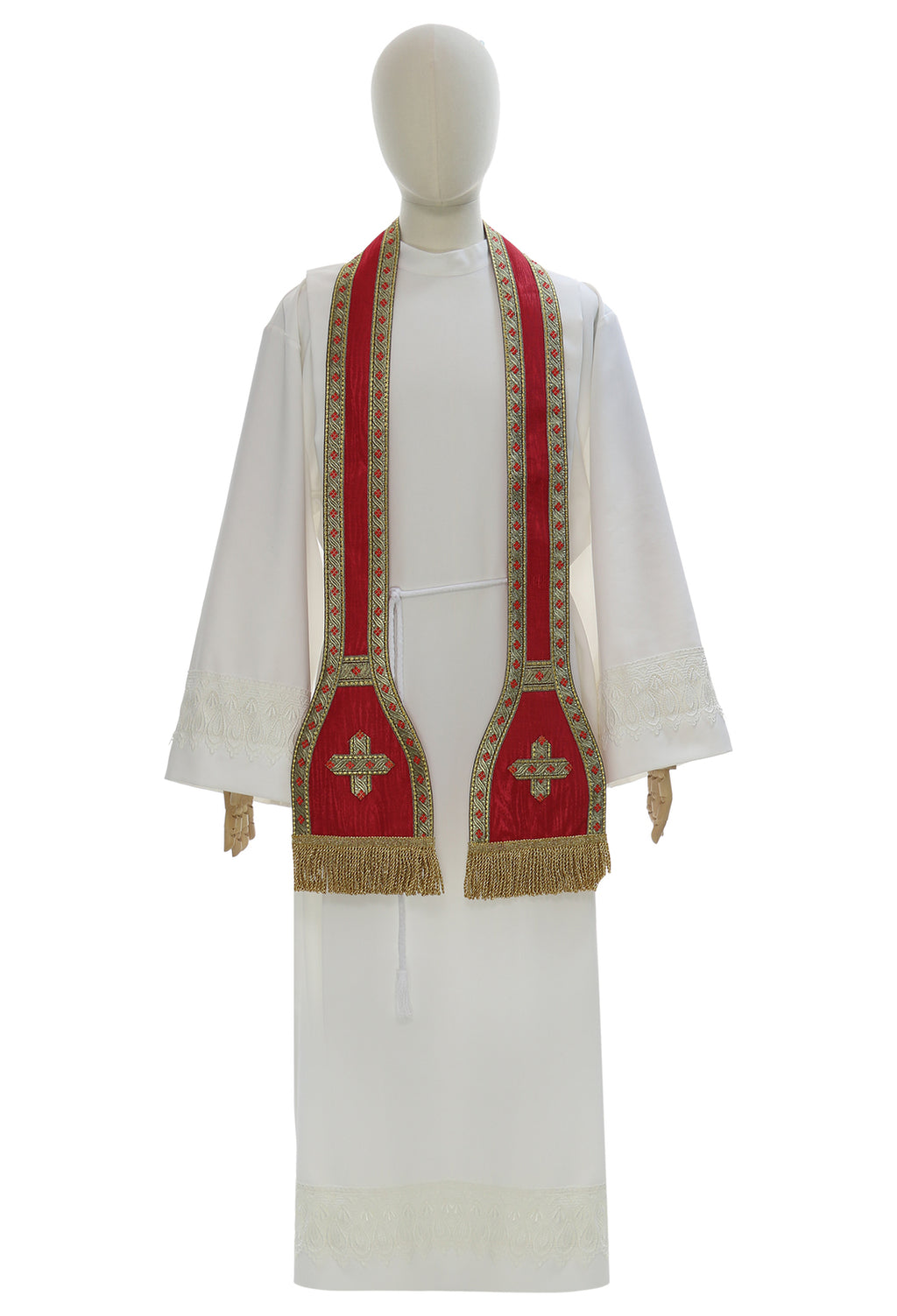 Red moire Roman chasuble with Holy Spirit dove, matching stole