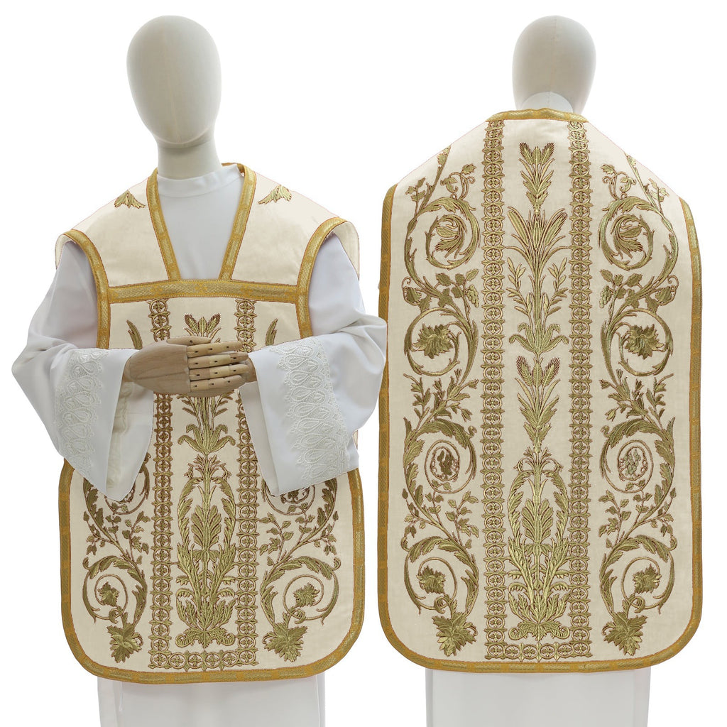 Cream Roman chasuble in flax blend with embroidery