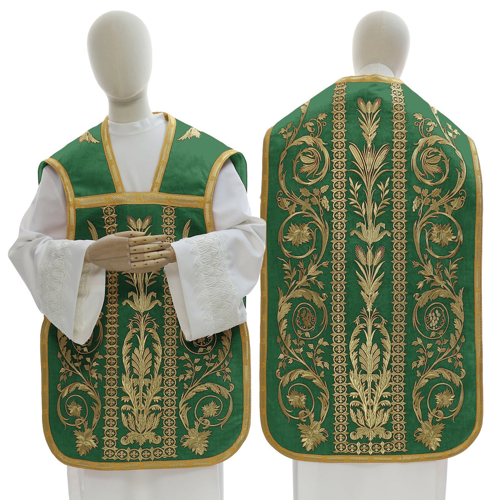Green Roman chasuble in flax blend with embroidery
