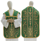 Green Roman chasuble in flax blend with embroidery