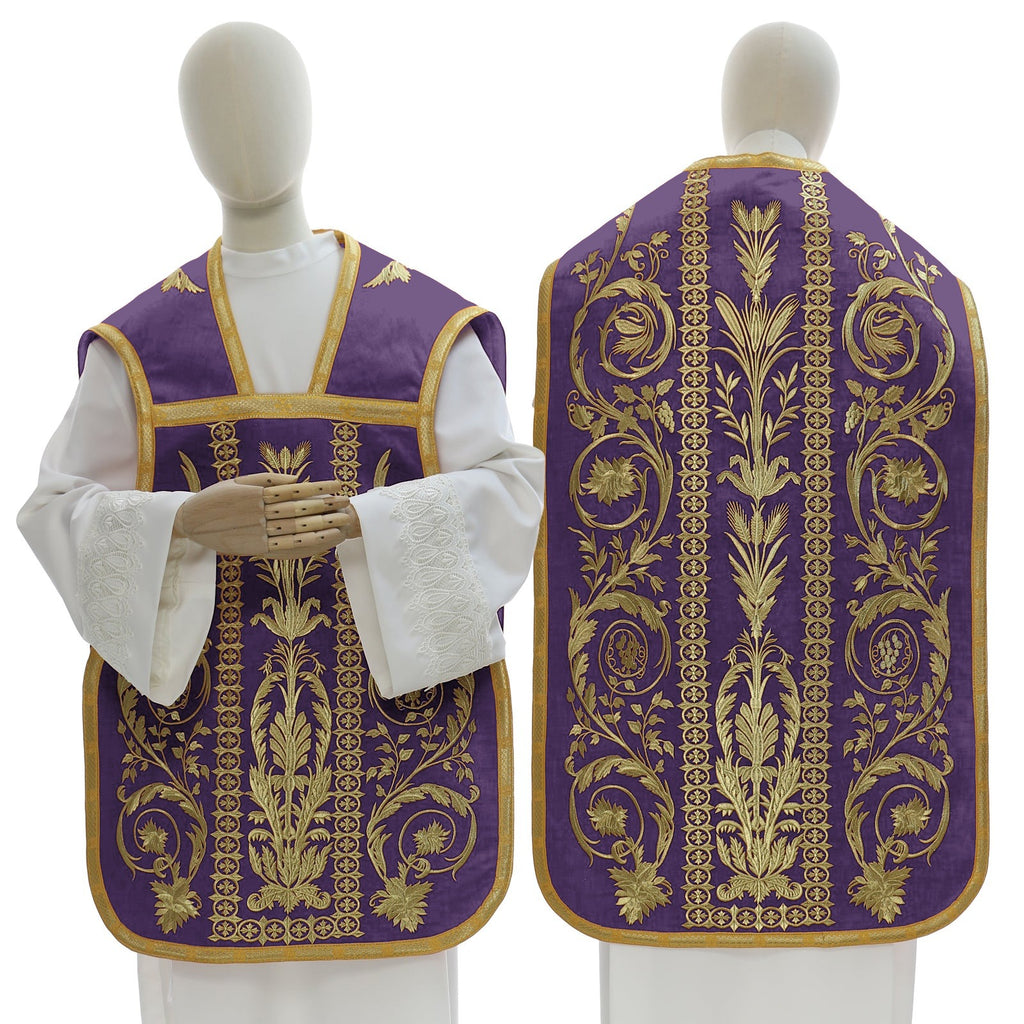 Purple Roman chasuble in flax blend with embroidery