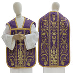 Purple Roman chasuble in flax blend with embroidery