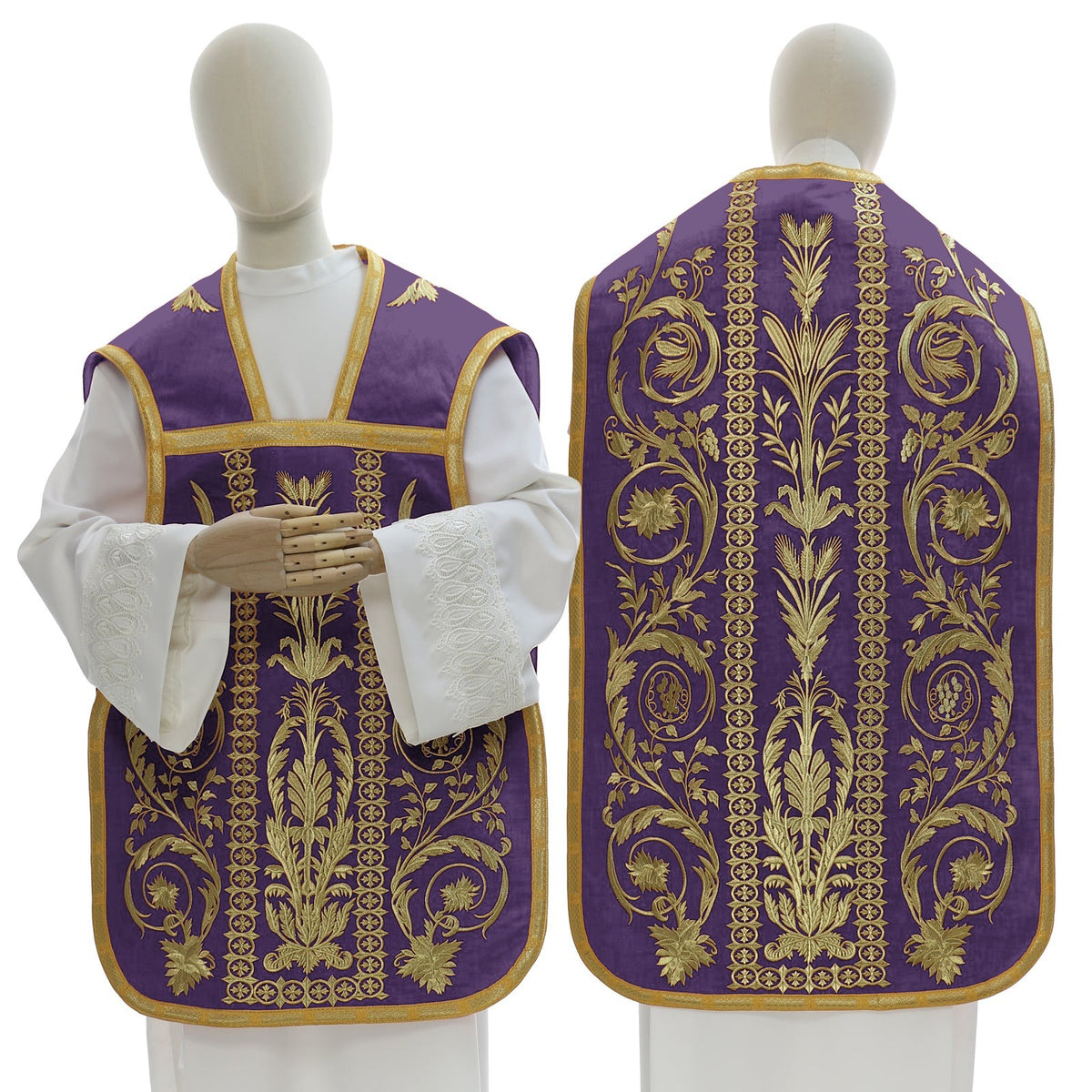 Purple Roman chasuble in flax blend with embroidery