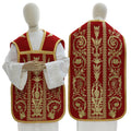 Red Roman chasuble in flax blend with embroidery on front and back