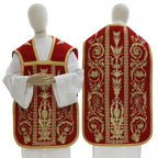 Red Roman chasuble in flax blend with embroidery on front and back