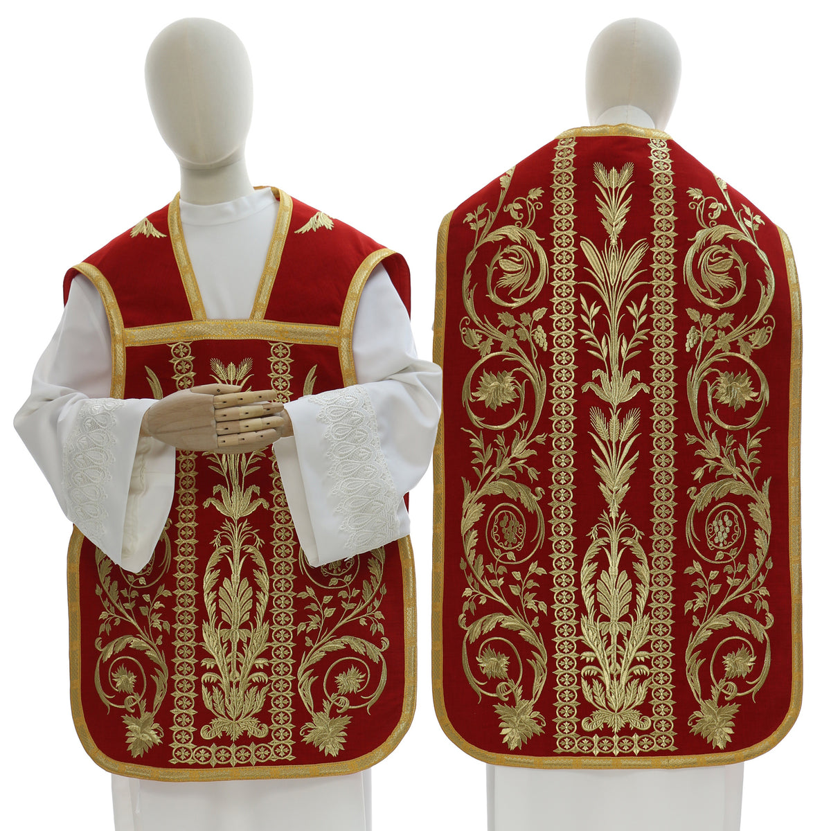 Red Roman chasuble in flax blend with embroidery on front and back