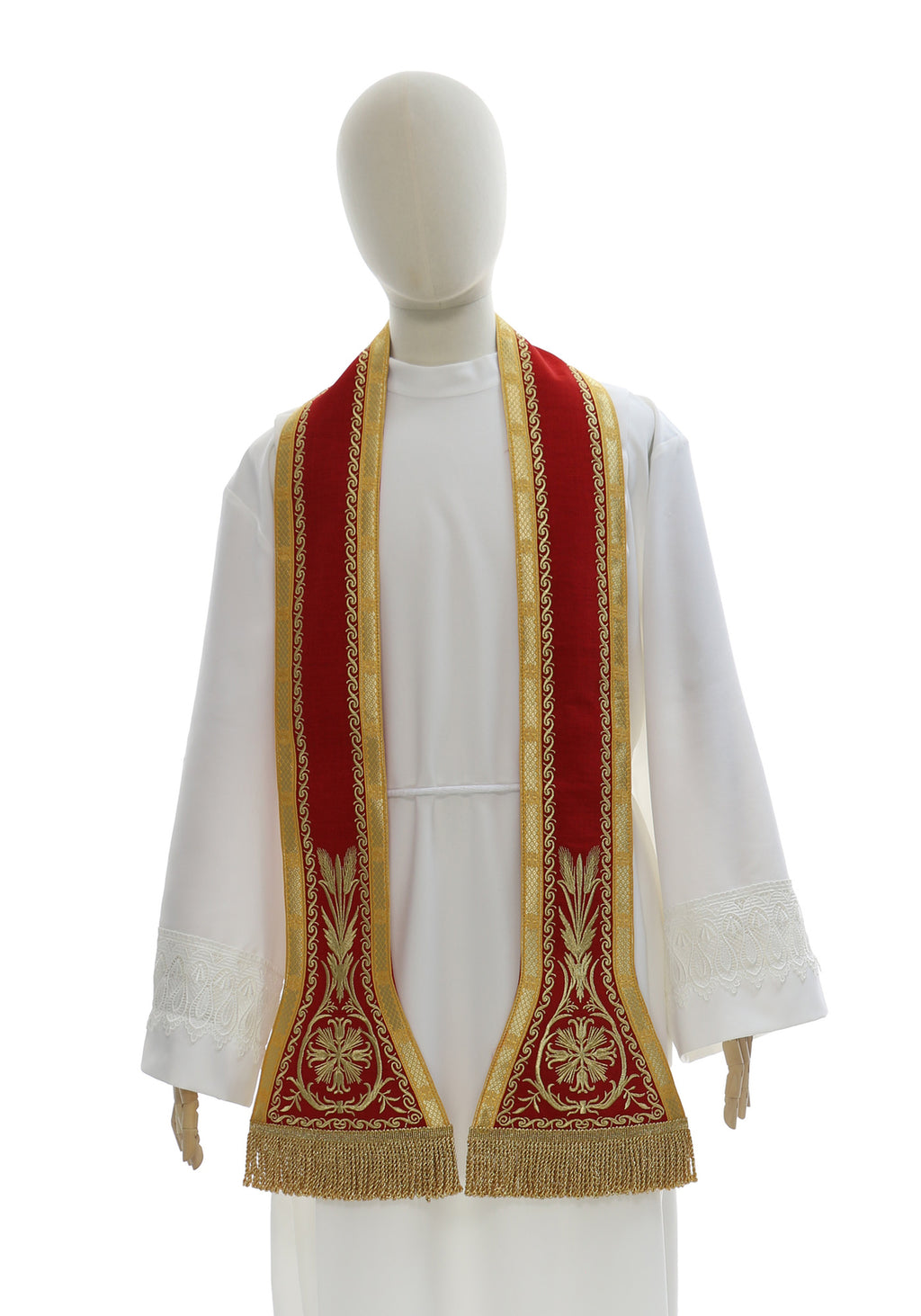 Red Roman chasuble in flax blend with embroidery, additional view