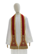 Red Roman chasuble in flax blend with embroidery, additional view