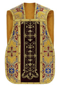 Roman chasuble with IHS monogram and velvet cross, gold/dark red