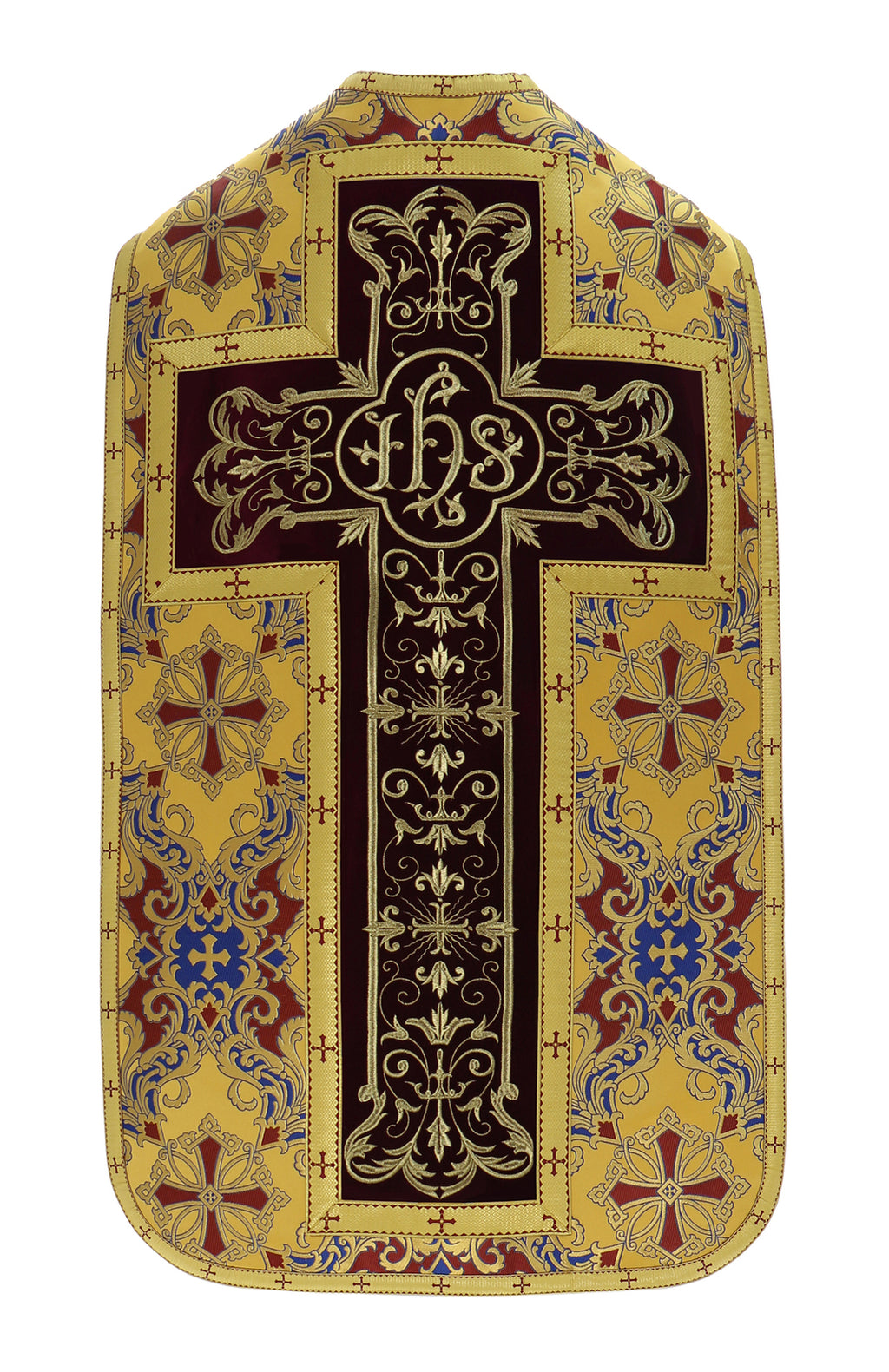 Roman chasuble with IHS monogram and velvet cross, gold/dark red, additional view
