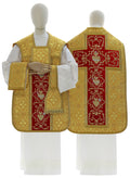 Roman chasuble with Hearts of Jesus, Mary and Joseph, gold/red