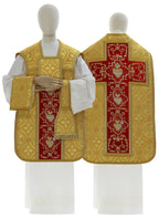 Roman chasuble with Hearts of Jesus, Mary and Joseph, gold/red
