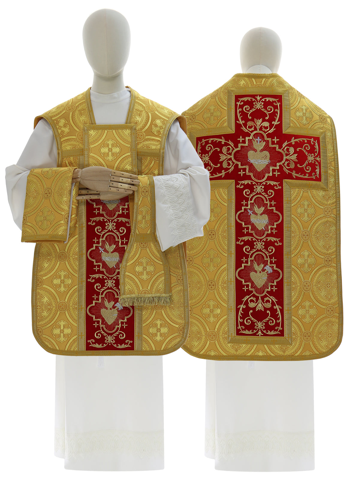 Roman chasuble with Hearts of Jesus, Mary and Joseph, gold/red