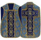 Roman chasuble with Hearts of Jesus, Mary and Joseph, blue