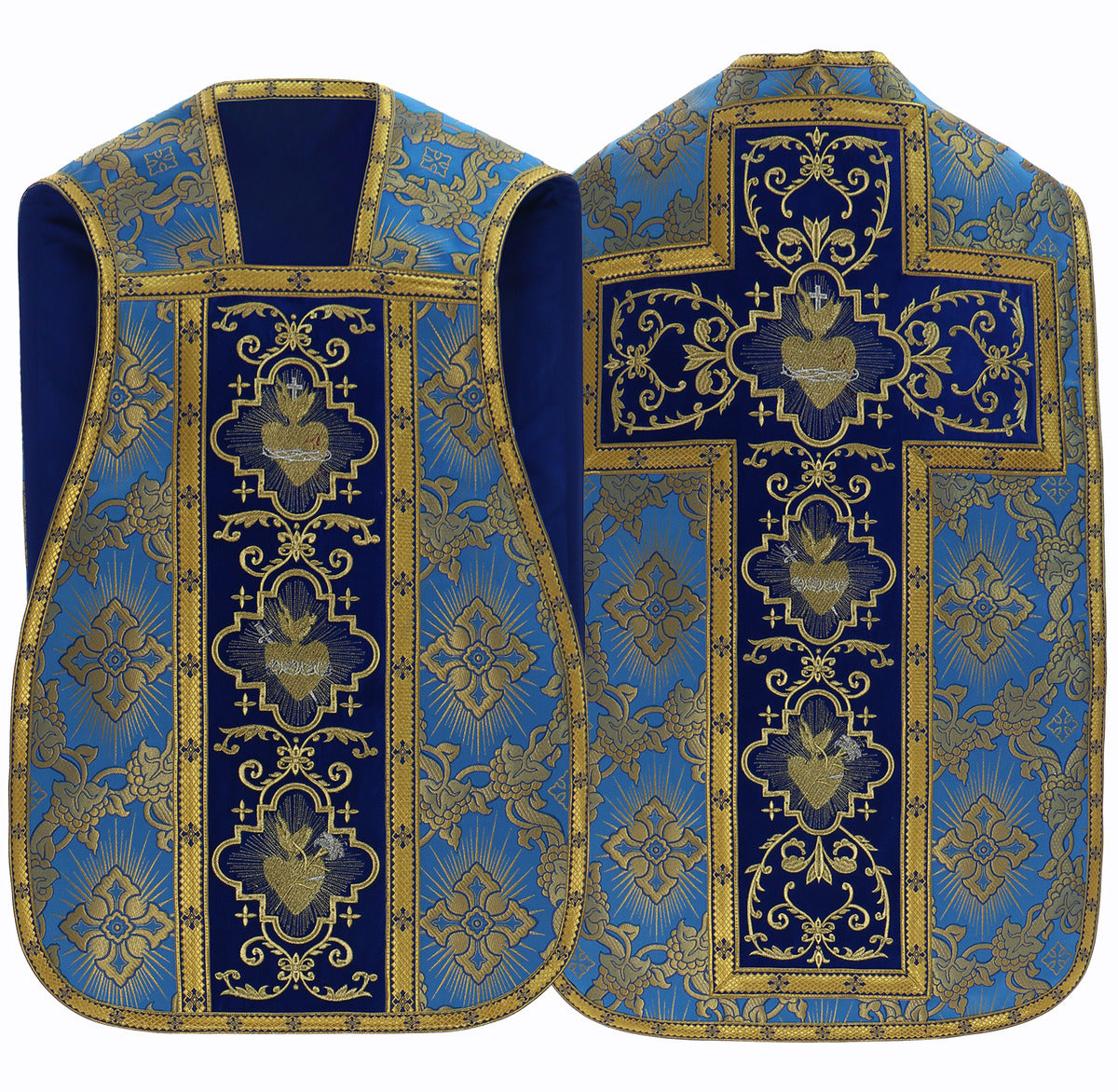 Roman chasuble with Hearts of Jesus, Mary and Joseph, blue