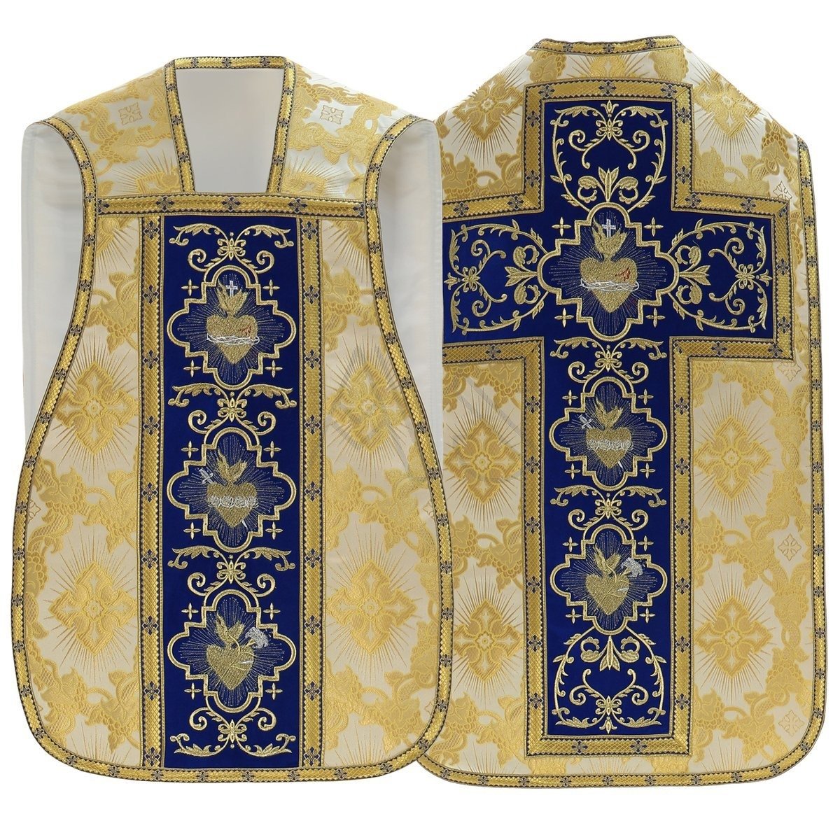 Roman chasuble with Hearts of Jesus, Mary and Joseph, creme/blue