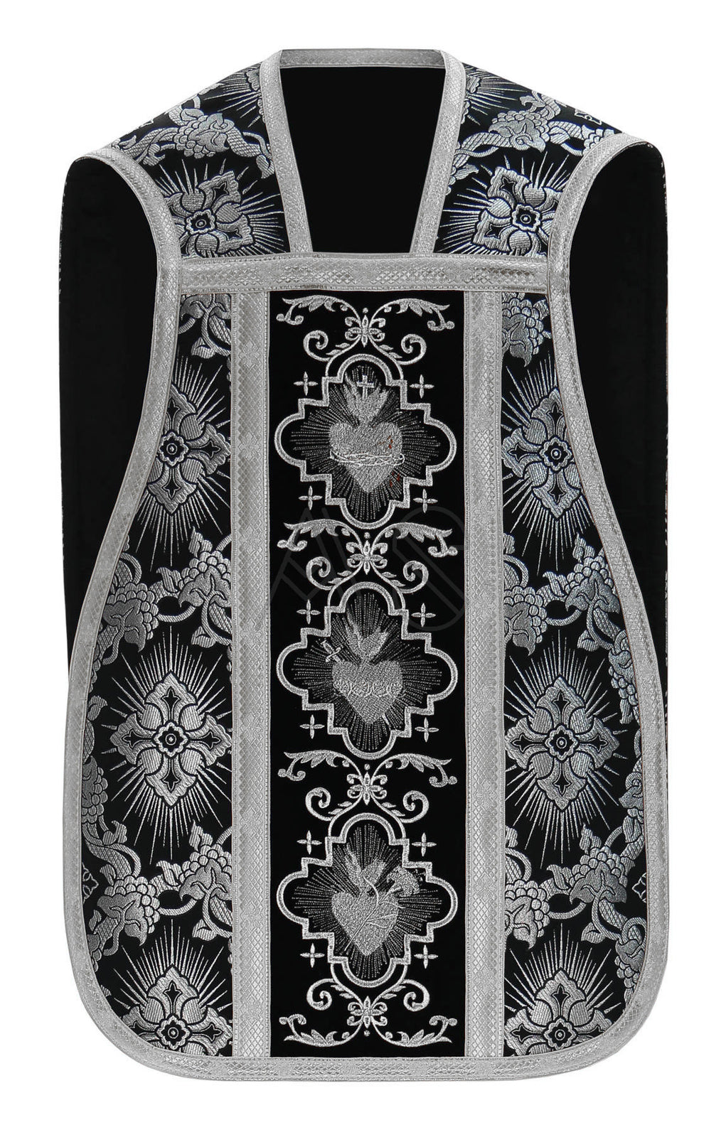 Roman chasuble with Hearts of Jesus, Mary and Joseph, black/silver