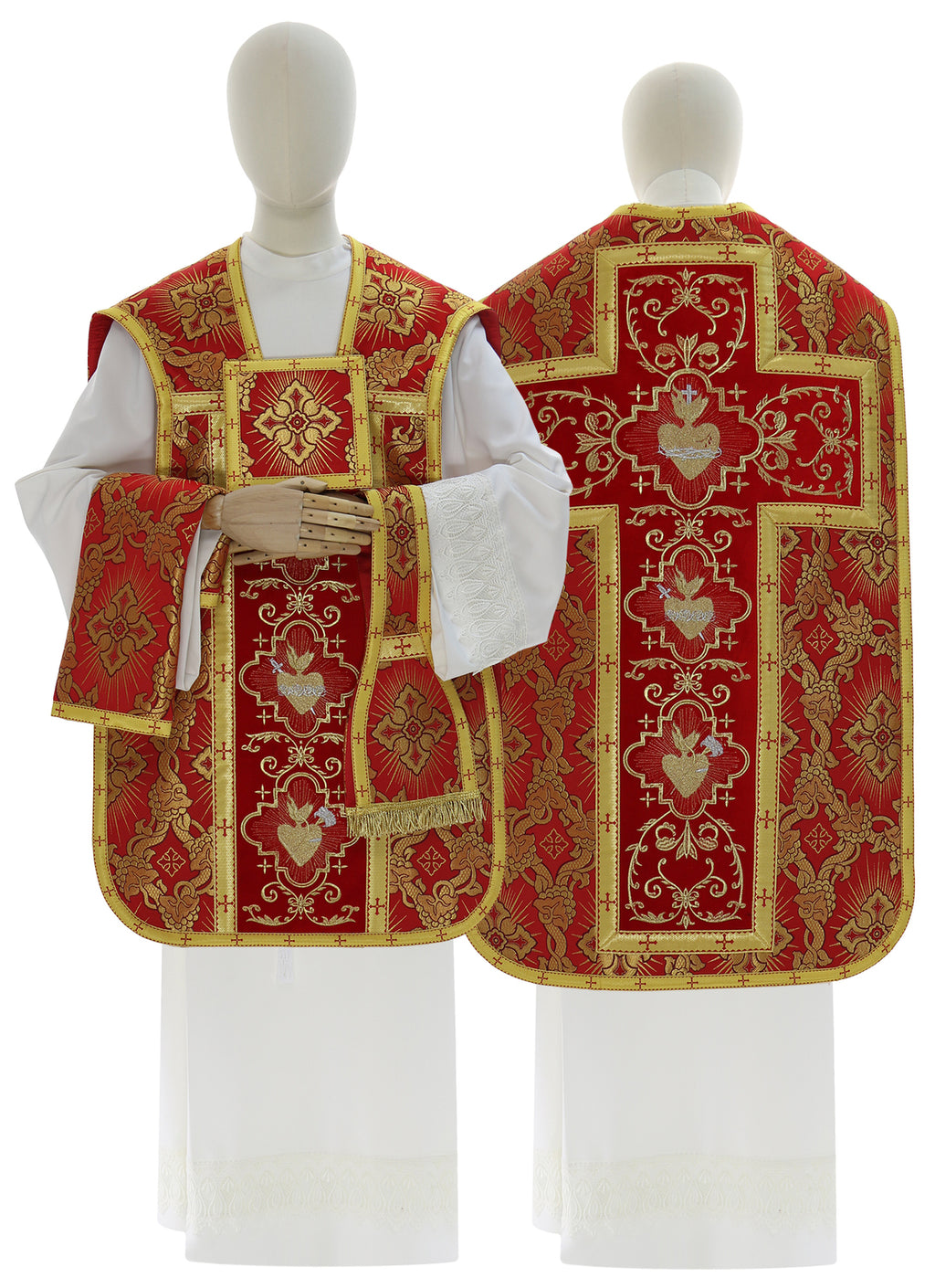 Roman chasuble with Hearts of Jesus, Mary and Joseph, red
