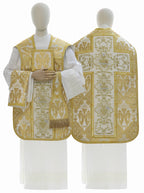 Roman chasuble with Hearts of Jesus, Mary and Joseph, creme