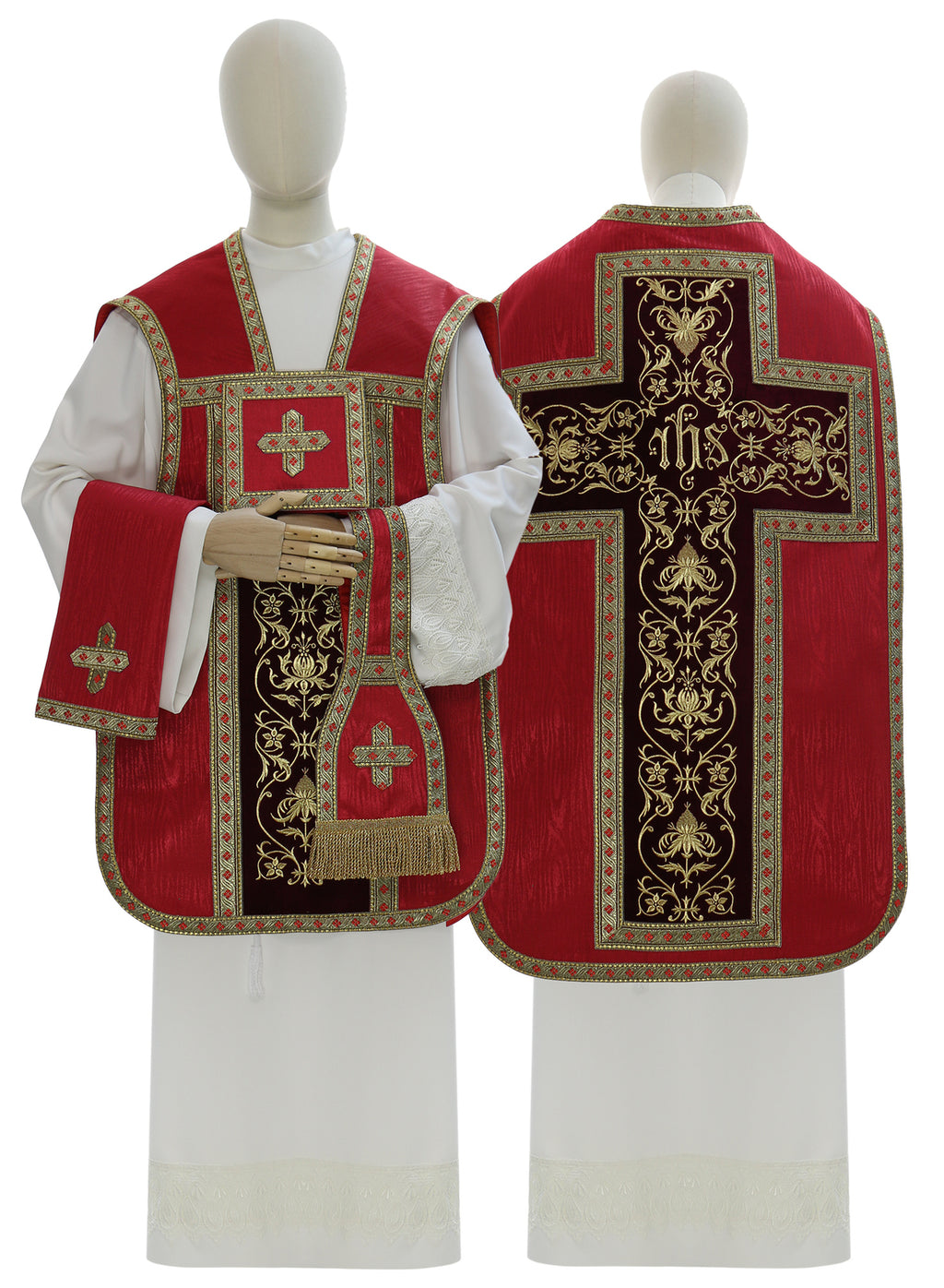 Moire Roman chasuble with IHS cross, red