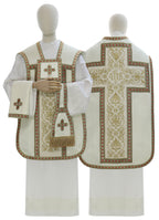 Moire Roman chasuble with IHS cross, cream