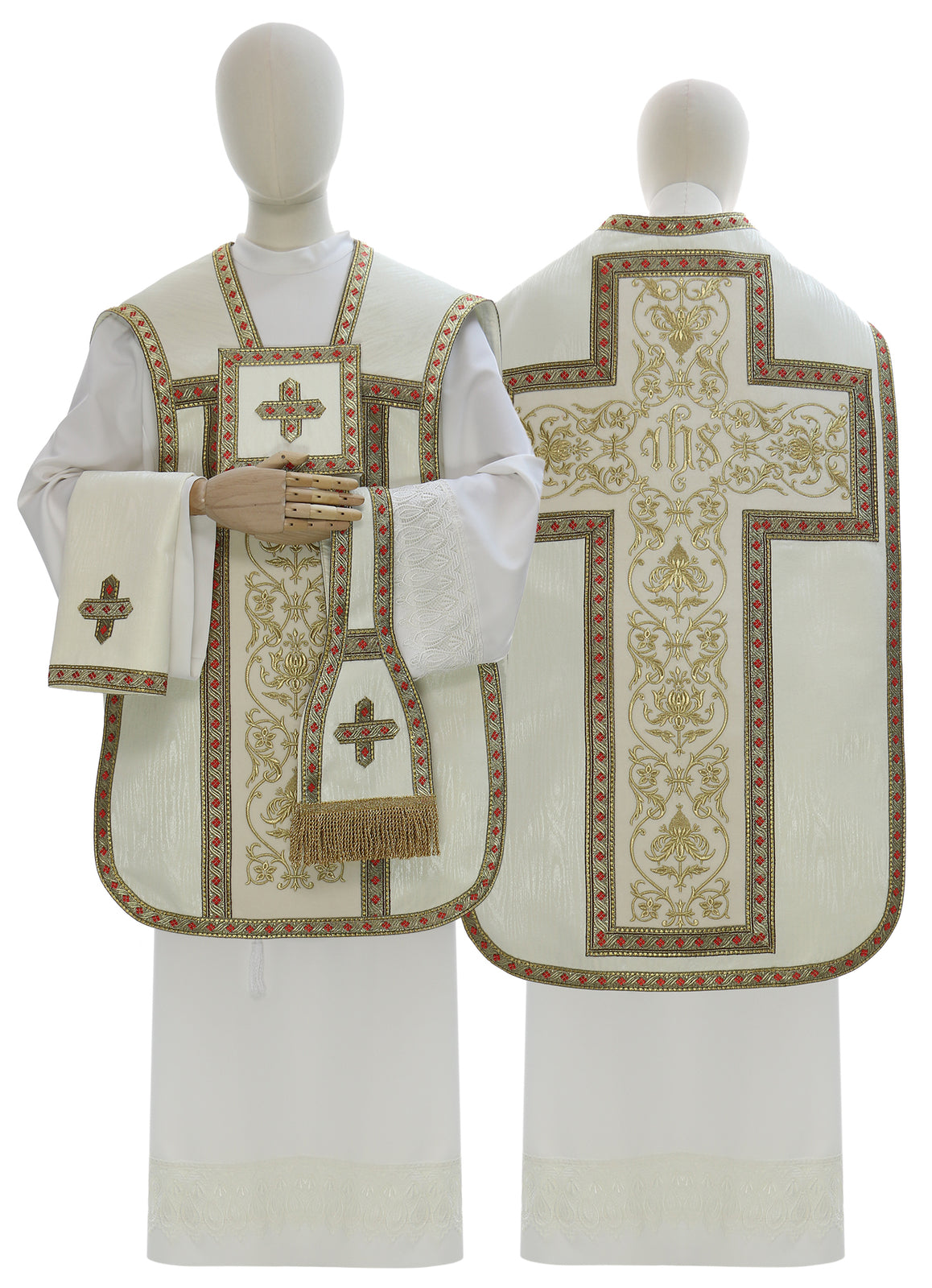 Moire Roman chasuble with IHS cross, cream
