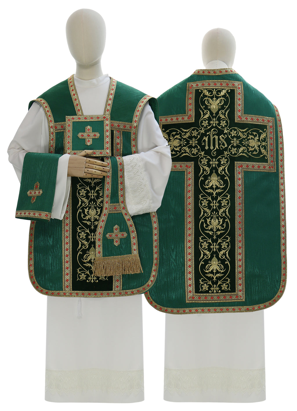 Moire Roman chasuble with IHS cross, green