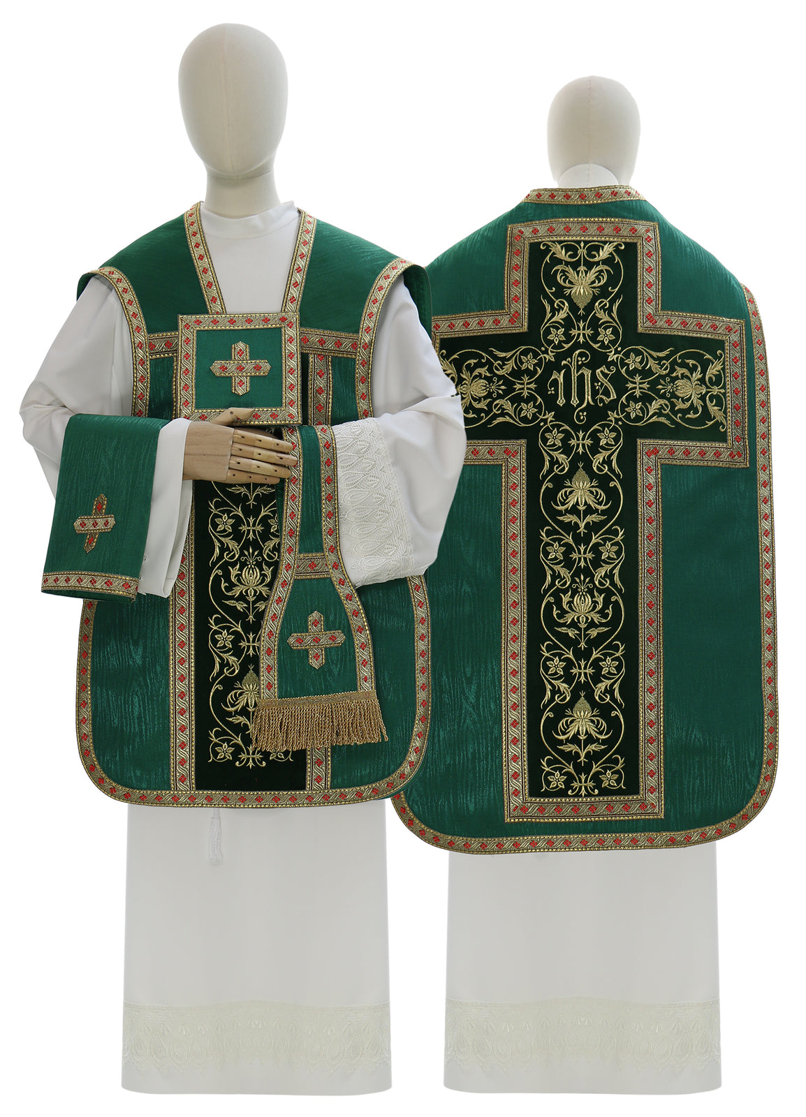 Moire Roman chasuble with IHS cross, green
