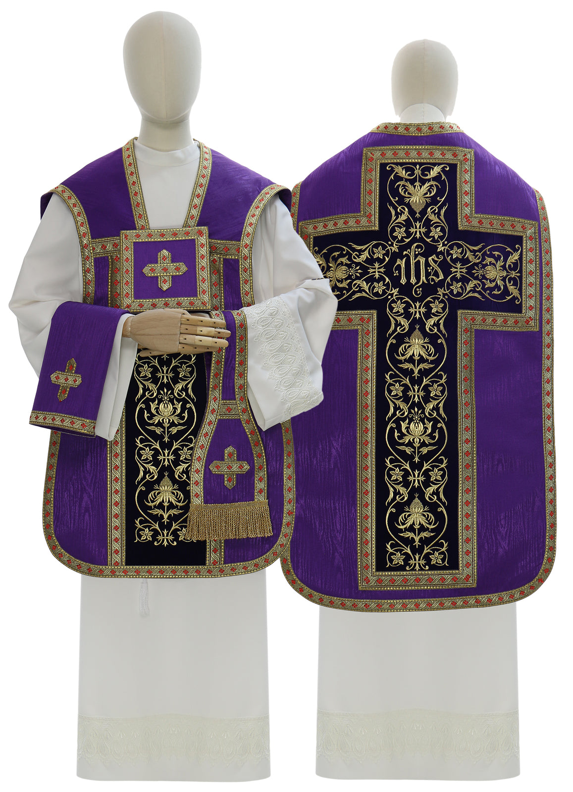 Moire Roman chasuble with IHS cross, violet