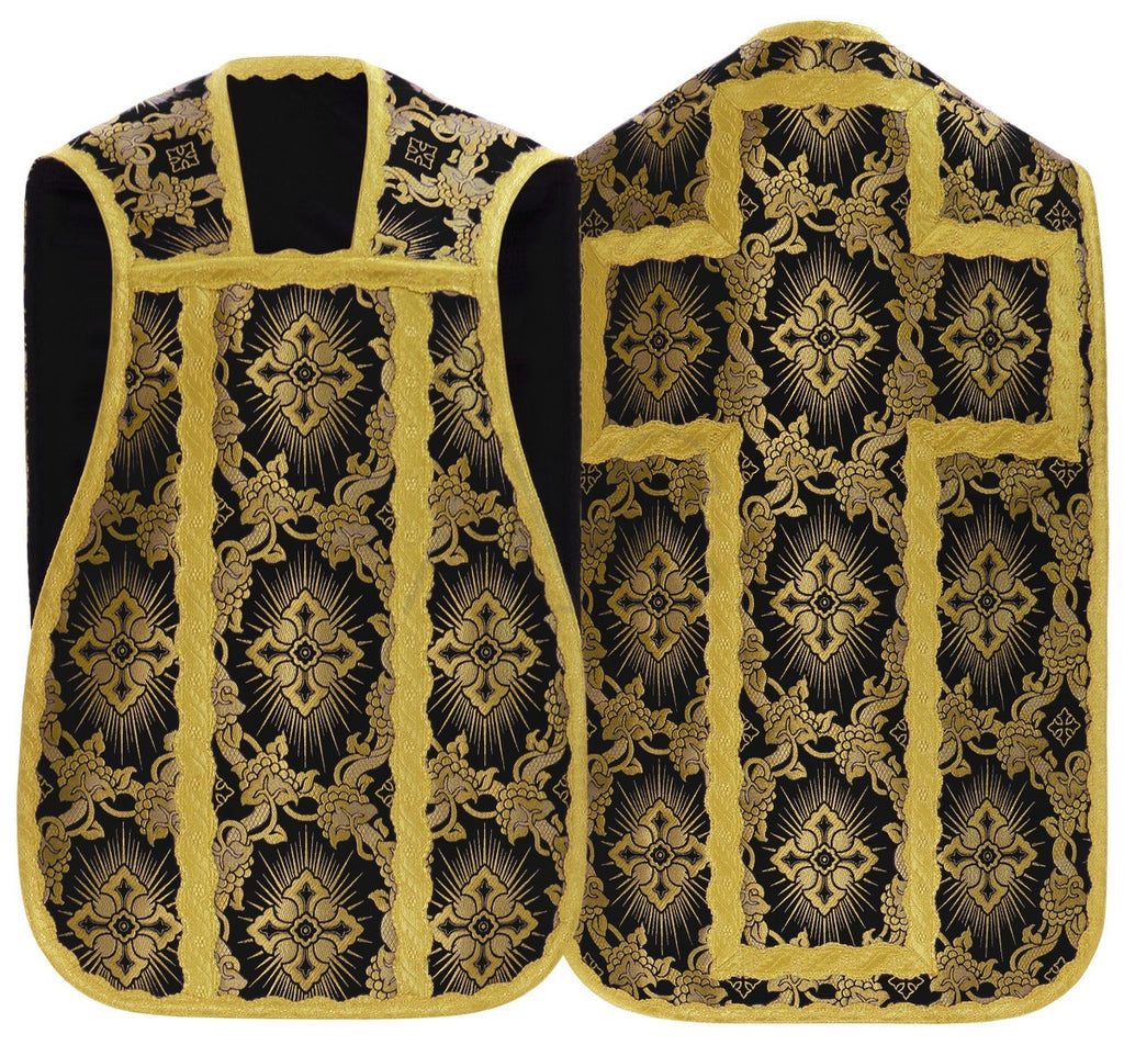 Silk damask Roman chasuble with gold cross, black