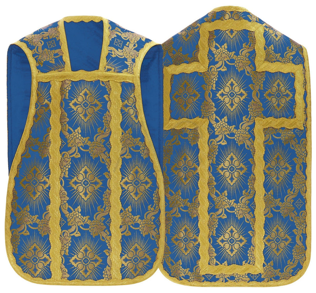 Silk damask Roman chasuble with gold cross, blue
