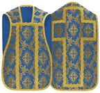 Silk damask Roman chasuble with gold cross, blue