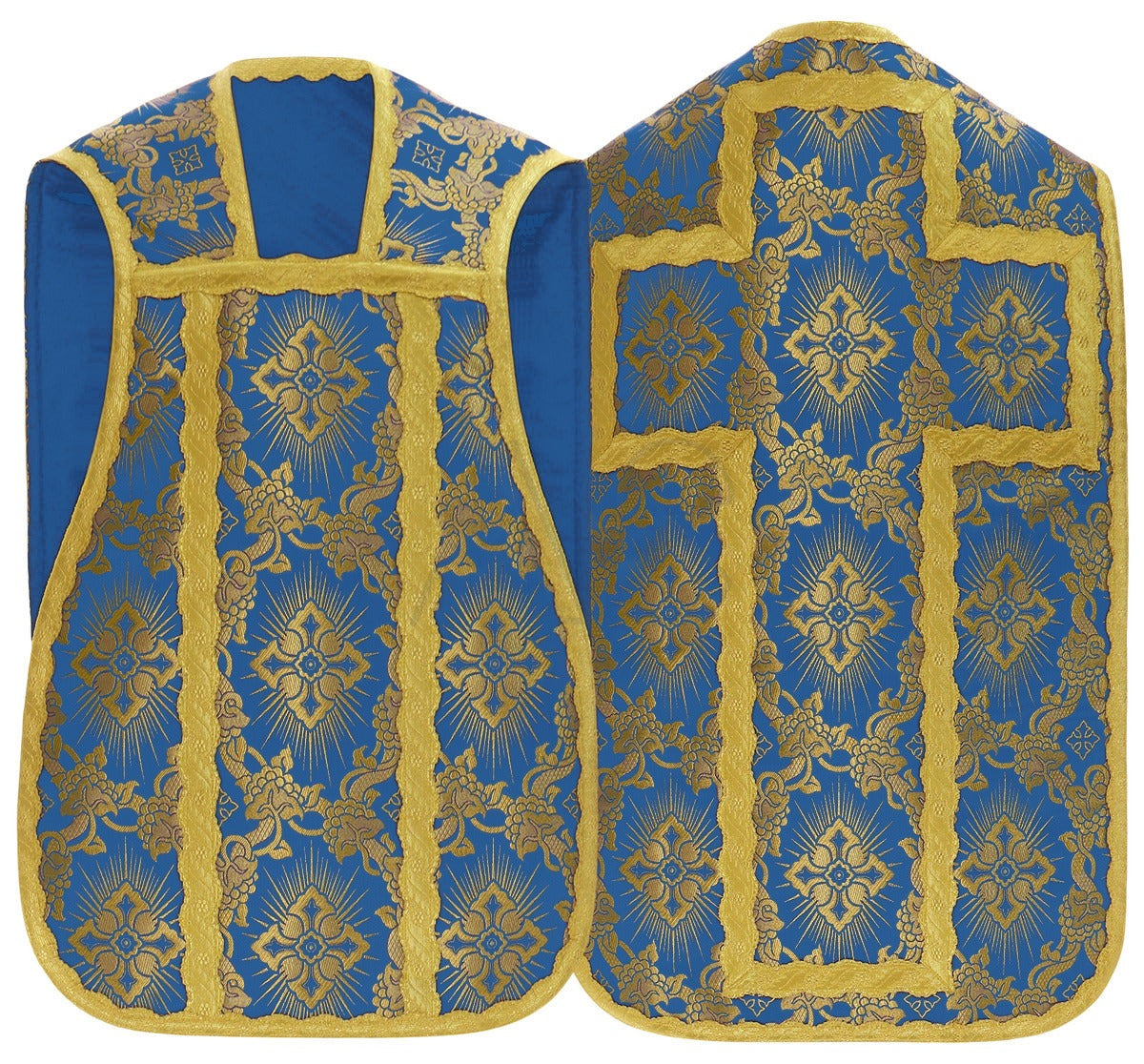 Silk damask Roman chasuble with gold cross, blue