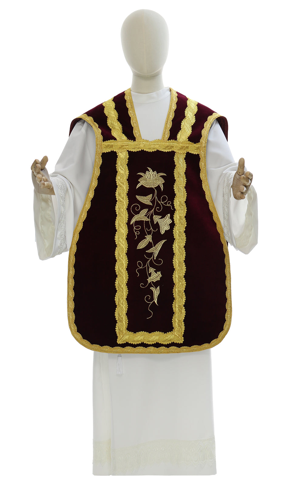 Velvet Roman chasuble with IHS cross, dark red