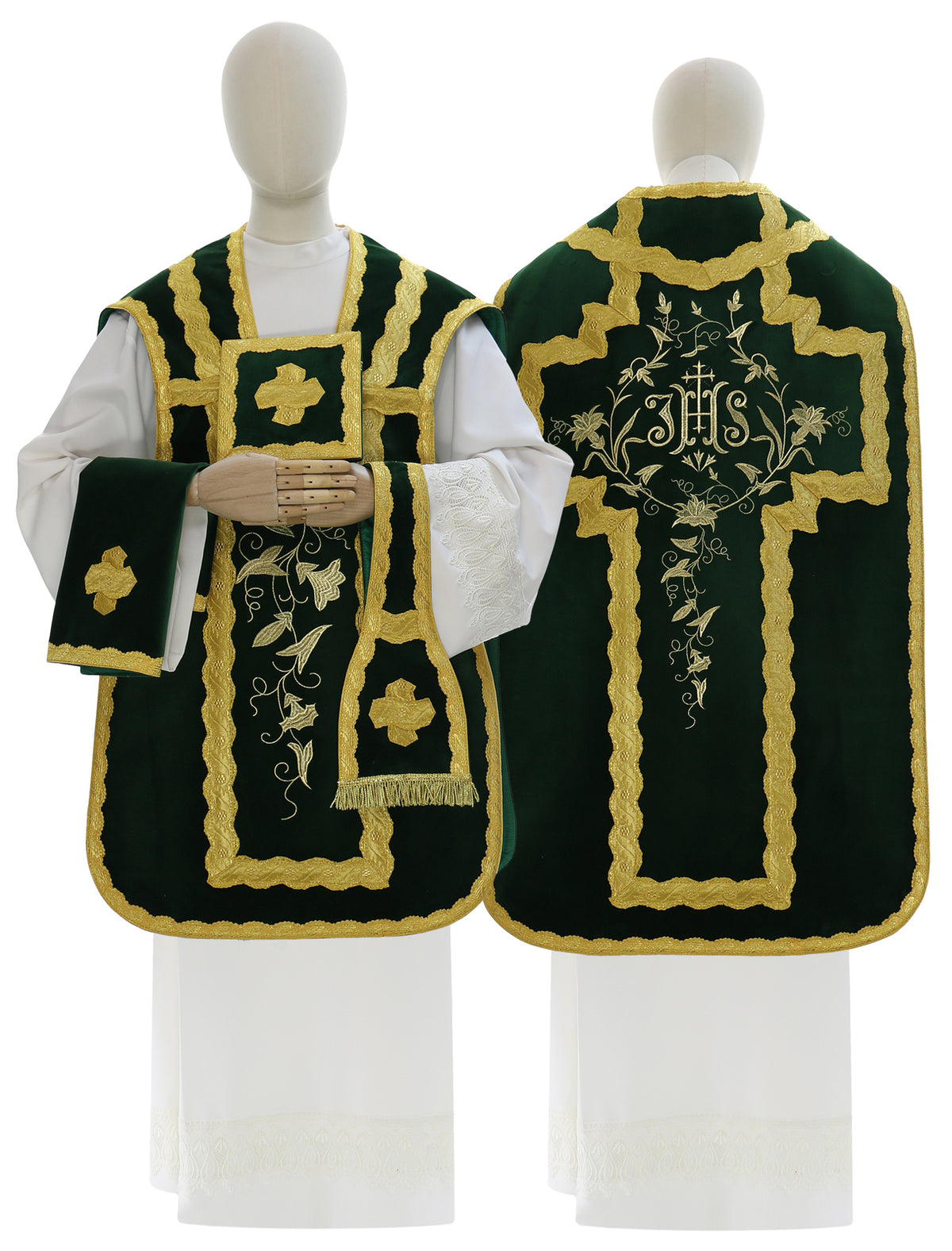 Velvet Roman chasuble with IHS cross, green