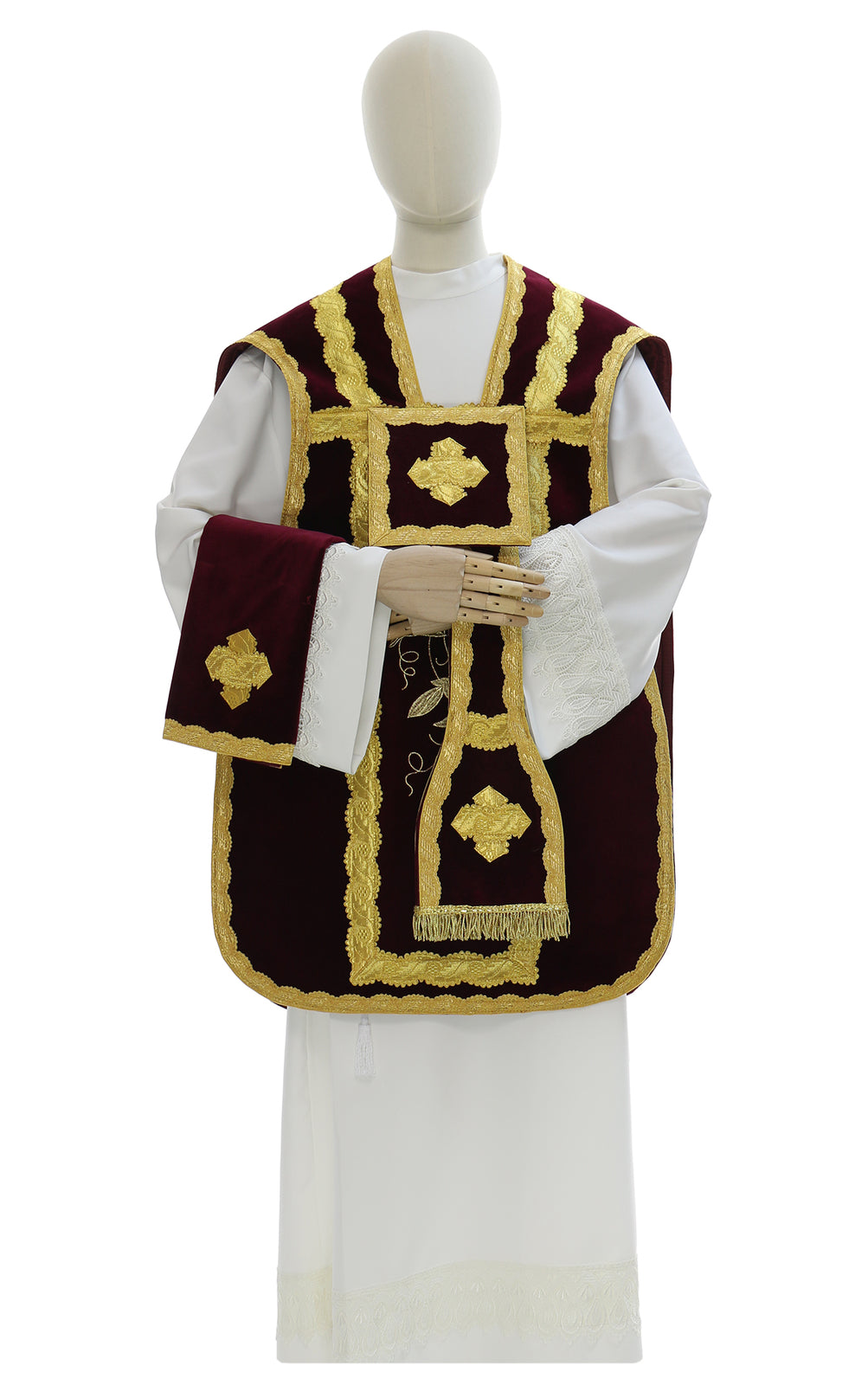 Velvet Roman chasuble with IHS cross, dark red, front