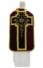 Velvet Roman chasuble with IHS cross, dark red, back