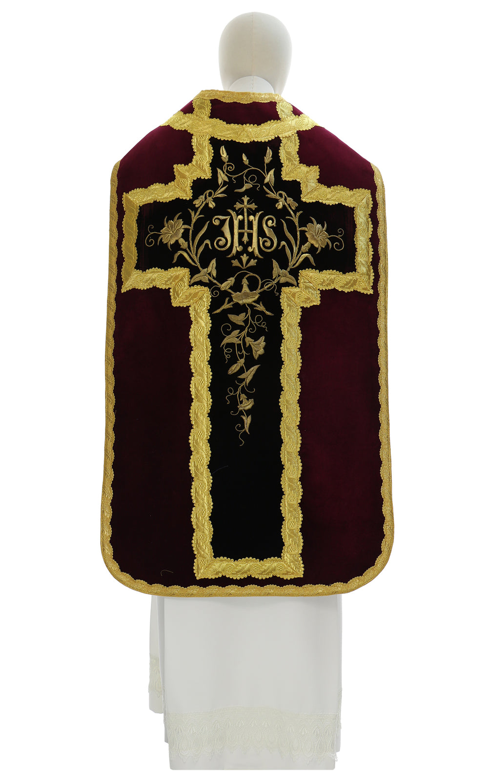 Velvet Roman chasuble with IHS cross, dark red, back