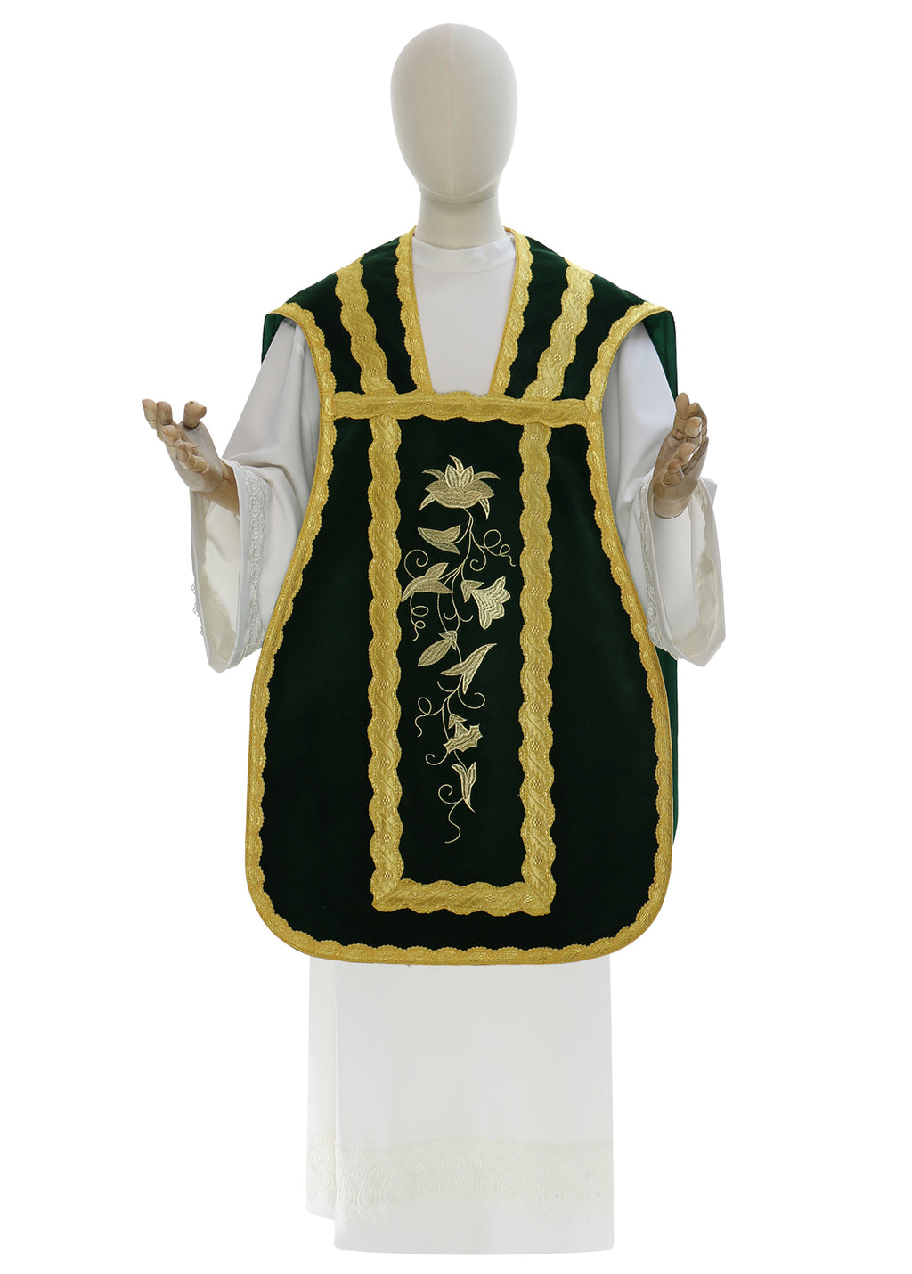 Velvet Roman chasuble with IHS cross, green, front