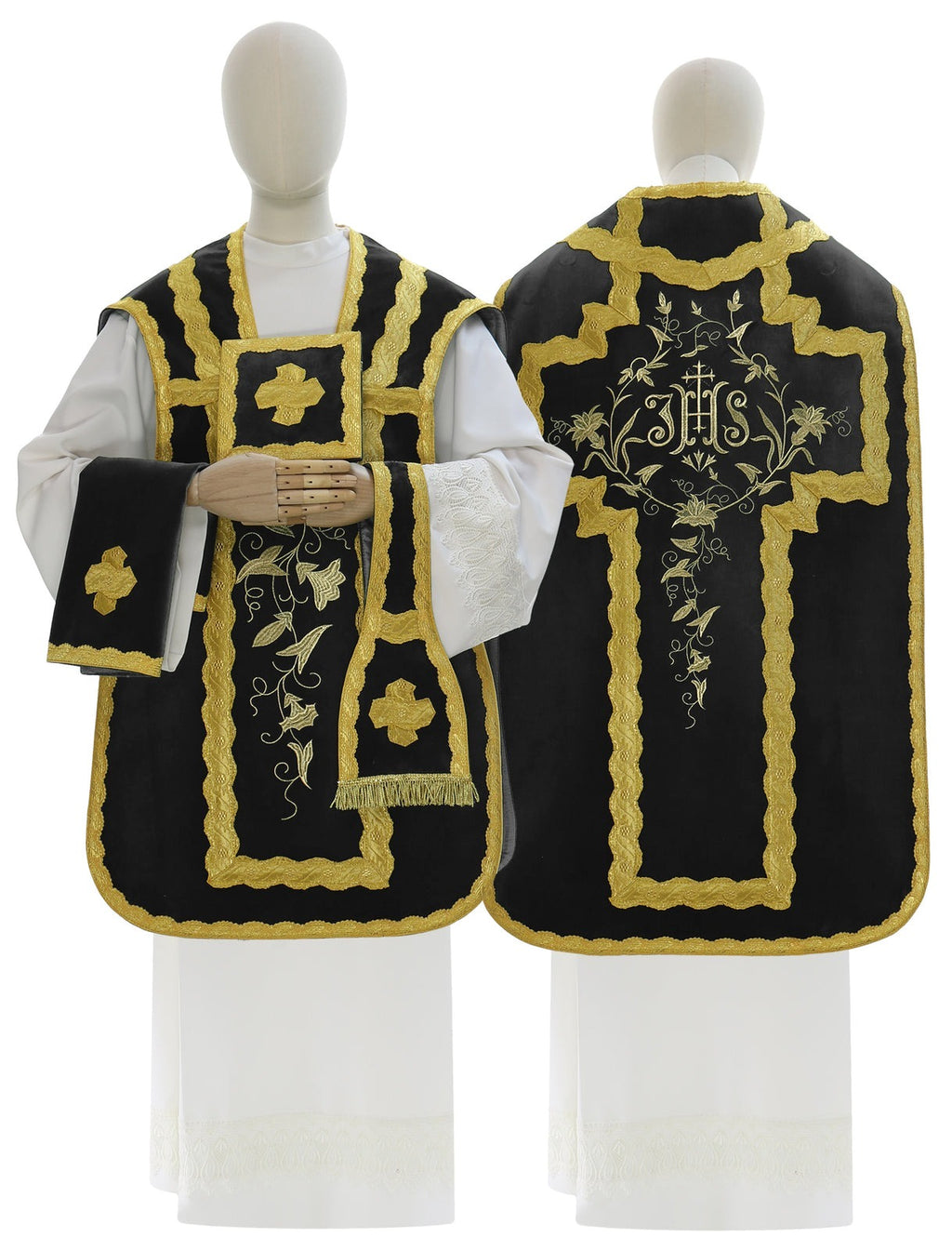 Velvet Roman chasuble with IHS cross, black