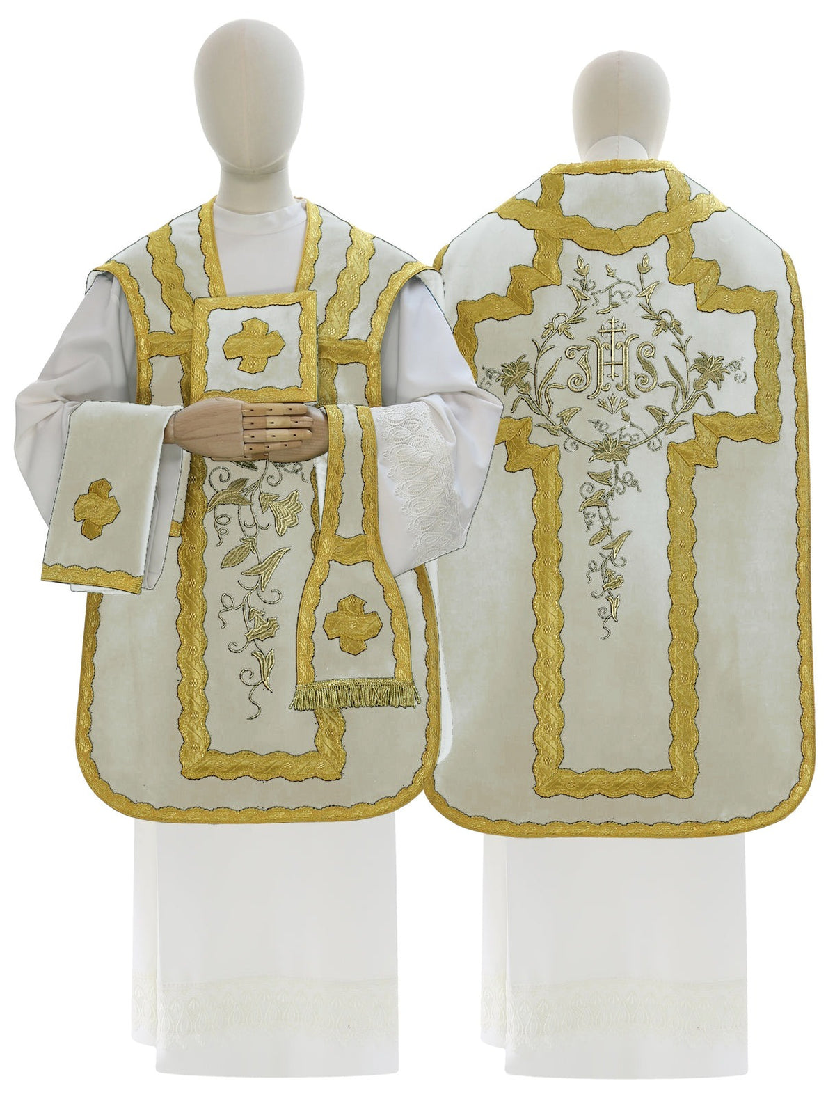 Velvet Roman chasuble with IHS cross, cream