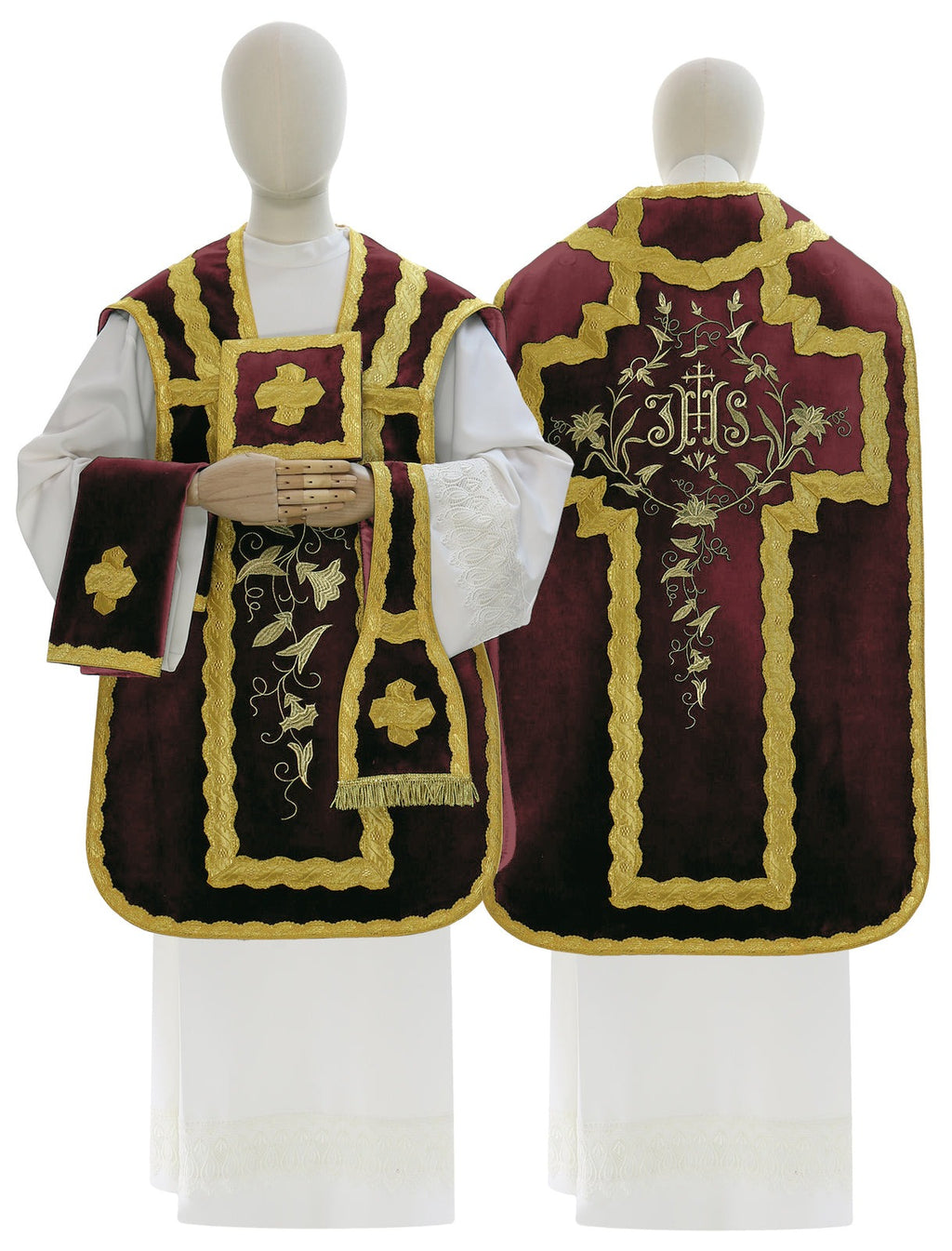 Velvet Roman chasuble with IHS cross, red