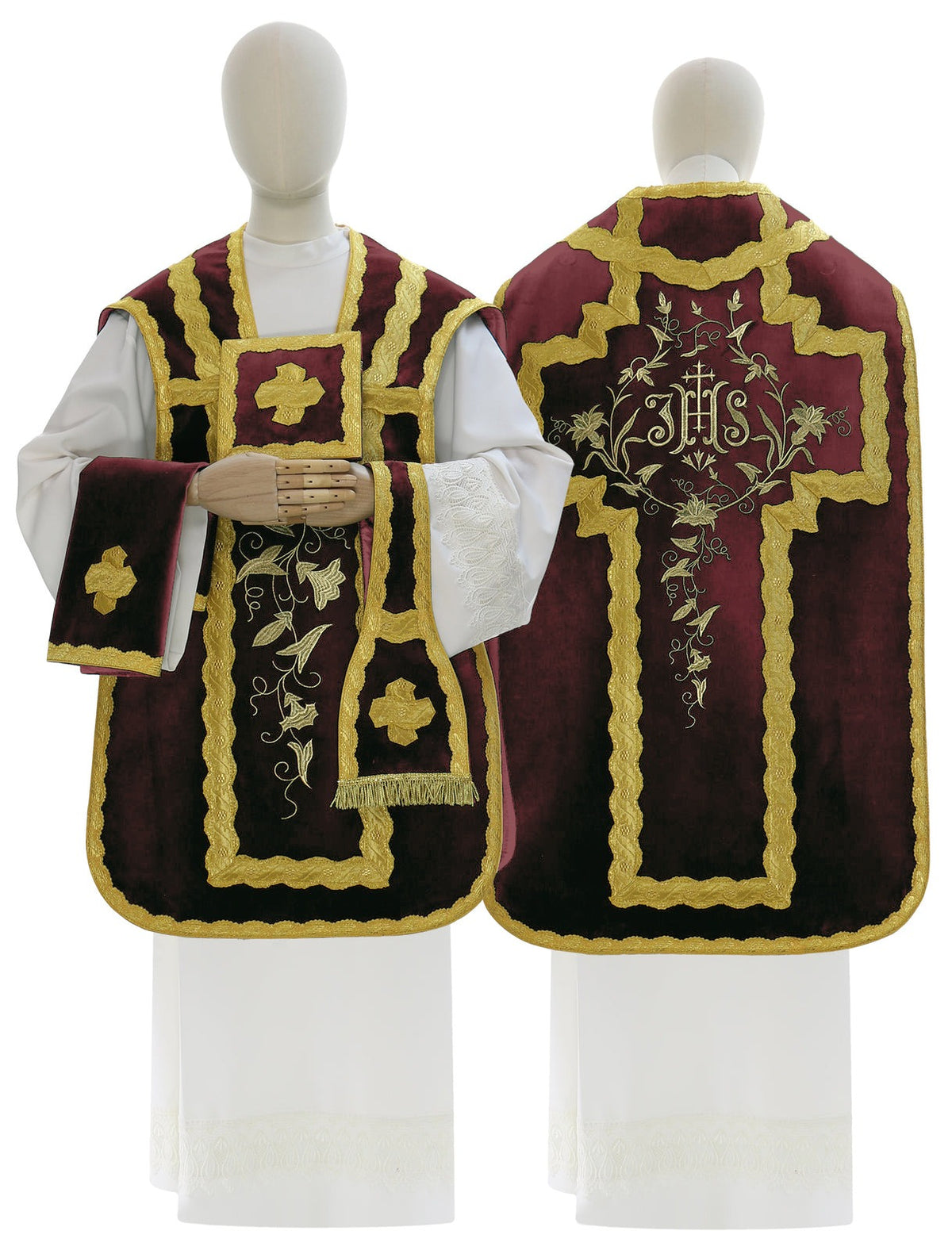 Velvet Roman chasuble with IHS cross, red